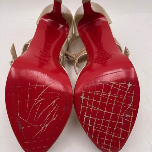 Christian Louboutin Beige-Gold Satin And Leather Peep Toe Platform Pumps Size 38